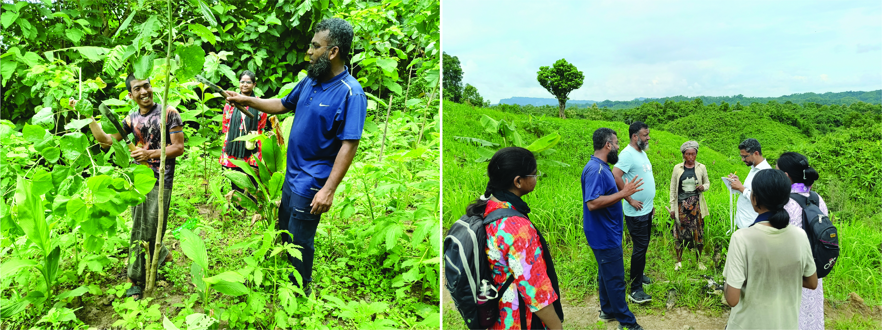Project Manager with a volunteer in Bandarban (Left); MEAL officer tracking project progress during a field visit in Bandarban (Right)