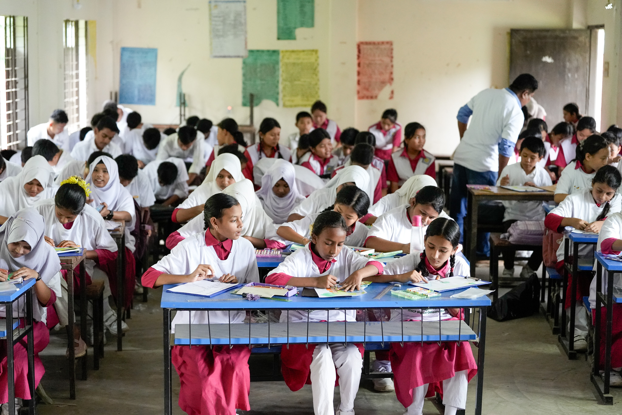 Students participating in drawing competition