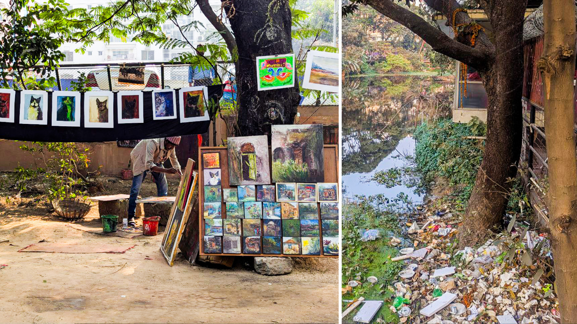 An artist displaying his art for connoisseurs (Left) | Stacked garbage on the edge of the lake (Right)